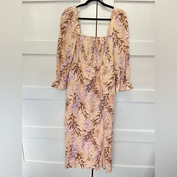 House of Harlow Linen Midi Dress Vintage Floral Peach Green Medium NWT - Picture 1 of 5